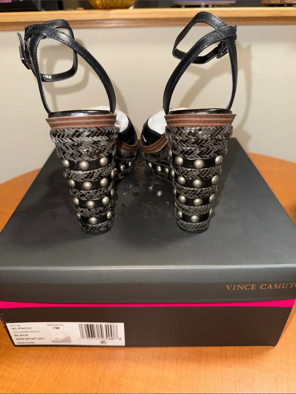 Vince Camuto Black Studded Braided Wedge Sandals